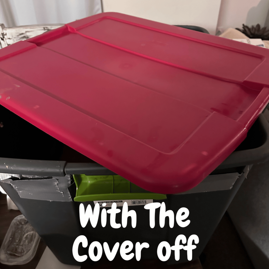 Image of a worm bin with the cover on.