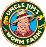 Uncle Jim's Worm Farm Logo: A distinctive logo featuring the text 'Uncle Jim's Worm Farm' with a friendly worm character, representing a trusted and established source for worm farming supplies and expertise.