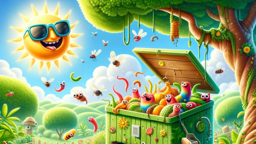 A whimsical, cartoon-style illustration of a lush garden oasis with a compost bin designed like a castle, under the shade of a large tree. Animated red wiggler worms wearing sunglasses and sun hats joyfully process compost inside the bin, which is slightly open to reveal an ice block. The scene includes shredded coconut coir, damp cardboard, and worm-friendly food scraps around the bin, with a sun-drenched landscape in the background. A few fruit flies are shown being thwarted by barriers.