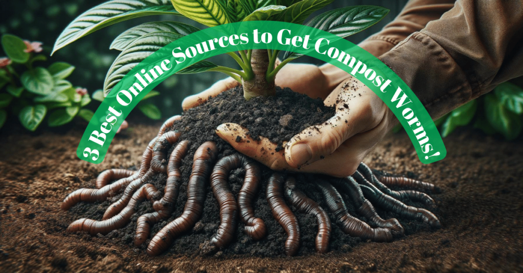 Close-up photo of human hands holding a healthy green potted plant with dark brown worm castings around the base and some clinging to the hands. Moist brown compost bedding with compost worms visible below the plant.