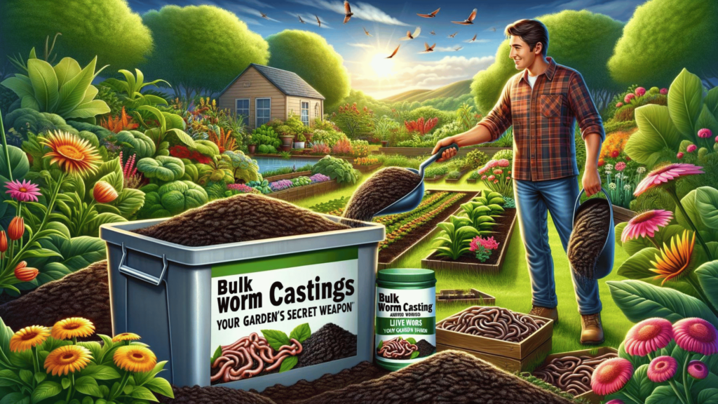 A vibrant garden with various plants thriving, a gardener spreading worm castings, and text overlay 'Bulk Worm Castings and Worms: Your Garden's Secret Weapon.