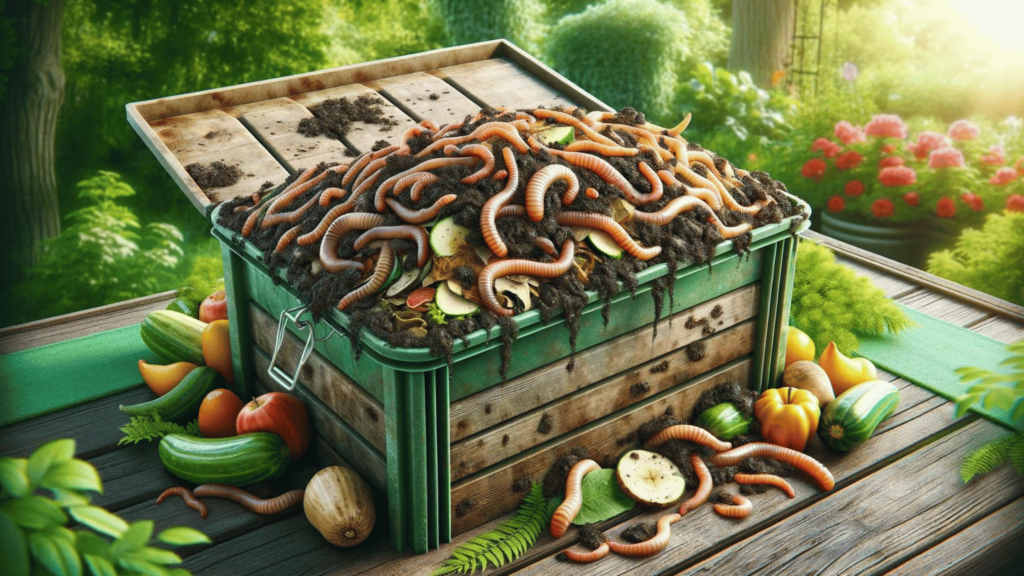 Compost bin filled with worms and organic waste in a garden