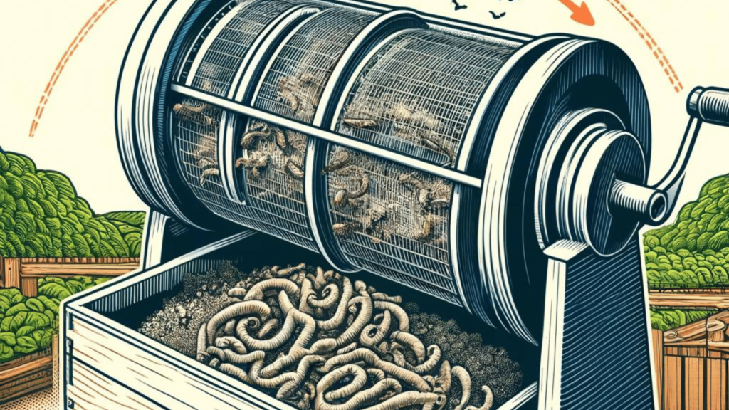Worm trommel in action, separating worm castings from bedding material.