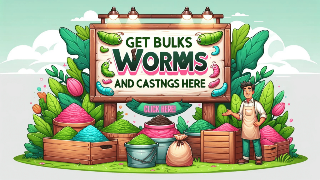 Banner with text 'Get bulk worms and castings here' at Meme's Worms, surrounded by bags of worm castings and healthy green plants.