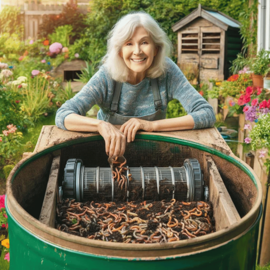 An older woman smiling as she adds compost worms into a large worm trommel in a vibrant garden setting, surrounded by lush plants and flowers.