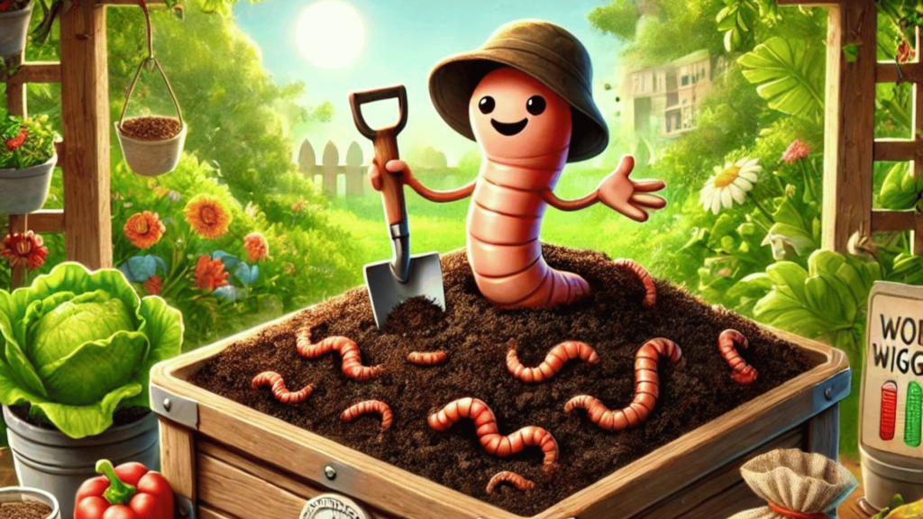 Worm composting starter kit featuring a rustic bus pan filled with soil, red wigglers, coco coir bedding, a thermometer, and a small shovel. Colorful food scraps like banana peels and lettuce surround the kit, with a cute cartoon worm wearing a gardening hat, smiling and waving. A thriving garden with sunlight in the background.