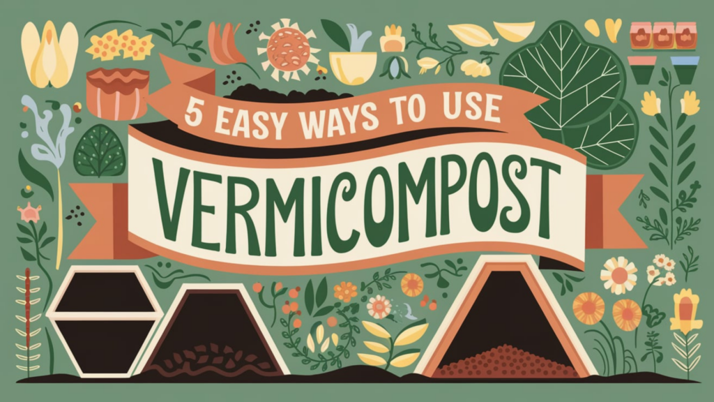 A colorful and vibrant illustration with the title "5 Easy Ways to Use Vermicompost" displayed on a ribbon banner. The design features representations of vermicompost in piles, plants, flowers, and gardening tools, emphasizing the eco-friendly and versatile uses of vermicompost in gardening. The green and earthy tones reflect sustainability and natural growth.