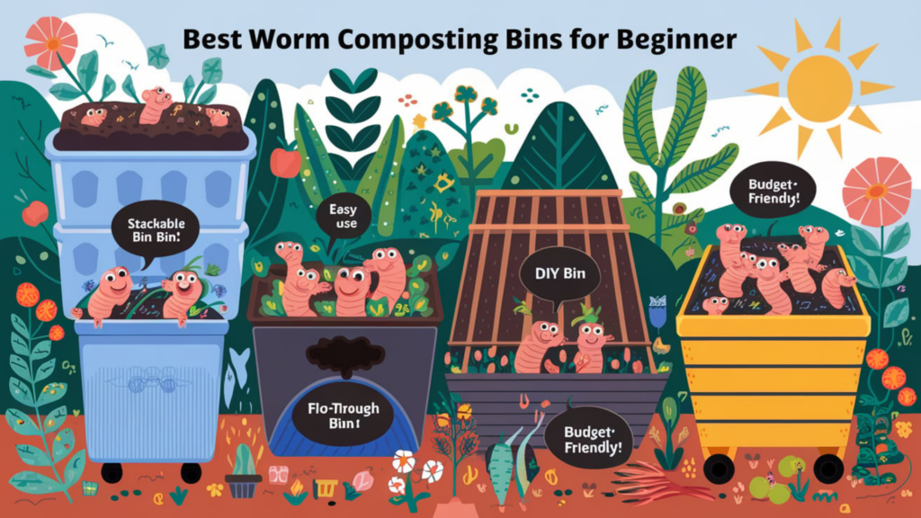 An engaging illustration of various worm composting bins for beginners, including stackable bins, flow-through bins, DIY bins, and budget-friendly options. The bins are surrounded by lush plants, happy worms, and colorful flowers, emphasizing eco-friendliness and beginner ease. Labels like "Easy Use!" and "Budget-Friendly!" highlight the features of each bin type, with a sunny garden backdrop adding a vibrant touch.