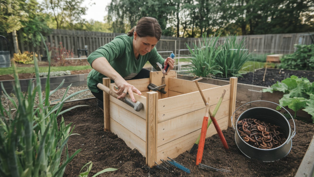 A person constructing a wooden DIY in-ground worm tower in a backyard garden. The setup includes tools like a hammer and clamps, with a nearby bucket filled with red wigglers. The lush garden beds and greenery in the background emphasize the connection between sustainable worm composting and thriving plants.