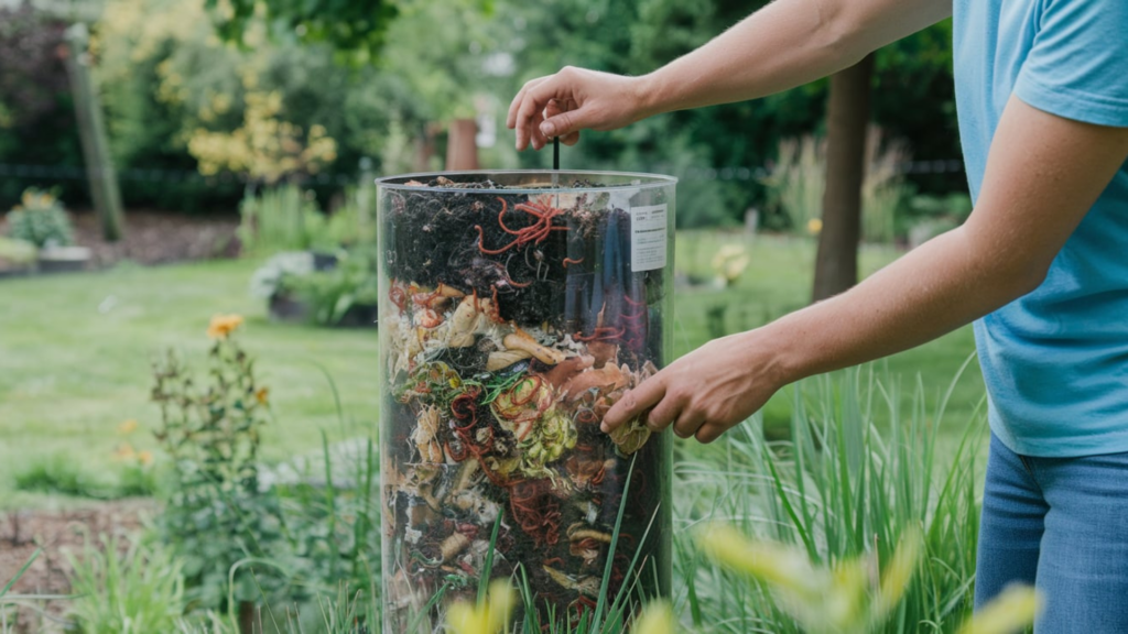 A clear, cylindrical worm composting bin filled with organic food scraps and red wigglers, set in a lush outdoor garden. A person is adding food to the bin, showcasing the hands-on process of in-ground worm composting. The vibrant garden background emphasizes the eco-friendly and sustainable benefits of this composting method.