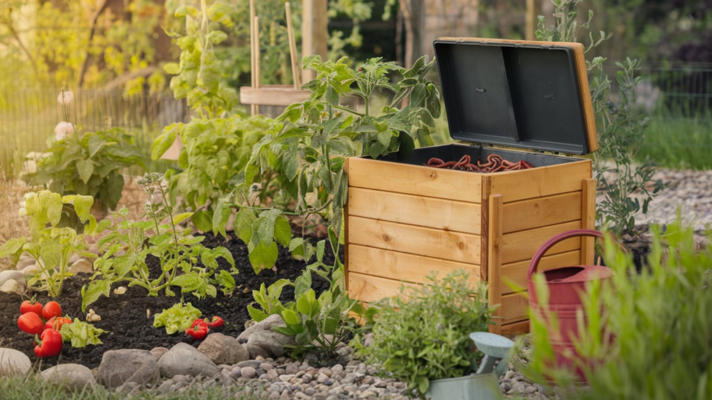  A DIY worm tower nestled inside a vibrant garden, surrounded by lush green plants, tomatoes, and herbs. The wooden composting bin is open, revealing red wigglers inside, symbolizing an eco-friendly in-ground composting solution. The garden setting highlights the connection between worm composting and healthy plant growth, with tools like a watering can nearby.