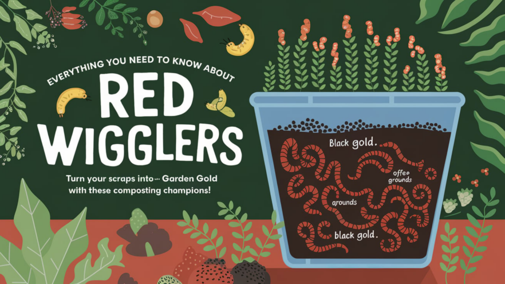 Illustration of red wigglers in a compost bin labeled as 'black gold,' surrounded by plants and compostable items like banana peels, coffee grounds, and leaves. Caption reads 'Everything You Need to Know About Red Wigglers.