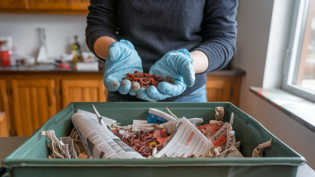 A person wearing blue gloves holds a handful of red wigglers above a green worm composting bin filled with shredded newspaper bedding. The indoor setup showcases the initial steps of starting a worm composting system, emphasizing its simplicity and accessibility for beginners.