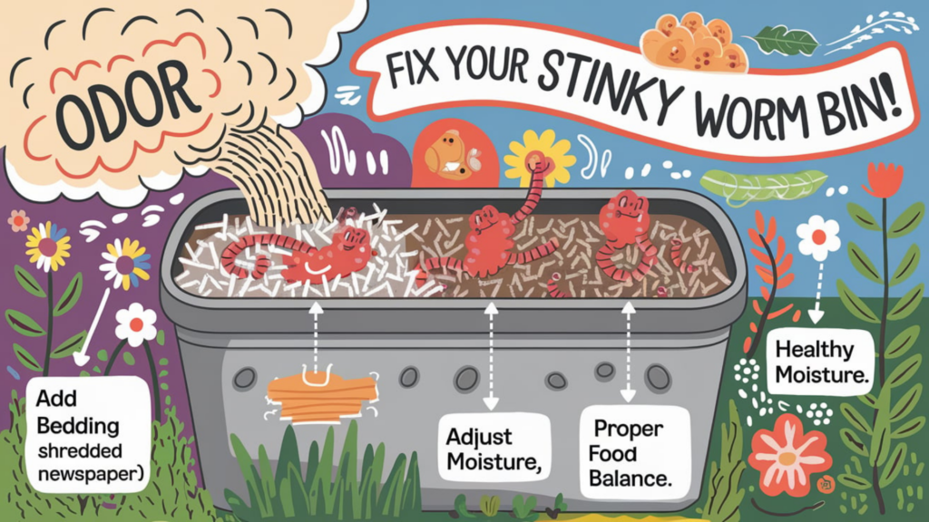 A colorful and playful illustration of a worm bin emitting "odor" with corrective actions displayed, such as "Add Bedding (Shredded Newspaper)," "Adjust Moisture," "Proper Food Balance," and "Healthy Moisture." Happy worms and vibrant flowers surround the bin, emphasizing the solutions for maintaining a fresh and healthy worm composting environment. A bold banner reads, "Fix Your Stinky Worm Bin!