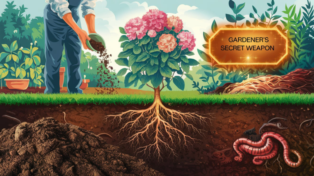 Illustration showing a gardener sprinkling worm castings around a lush flowering plant. The underground section reveals healthy roots nourished by rich worm castings, alongside composting worms working in the soil. A glowing sign reads 'Gardener's Secret Weapon,' emphasizing the powerful benefits of worm castings for plant growth.