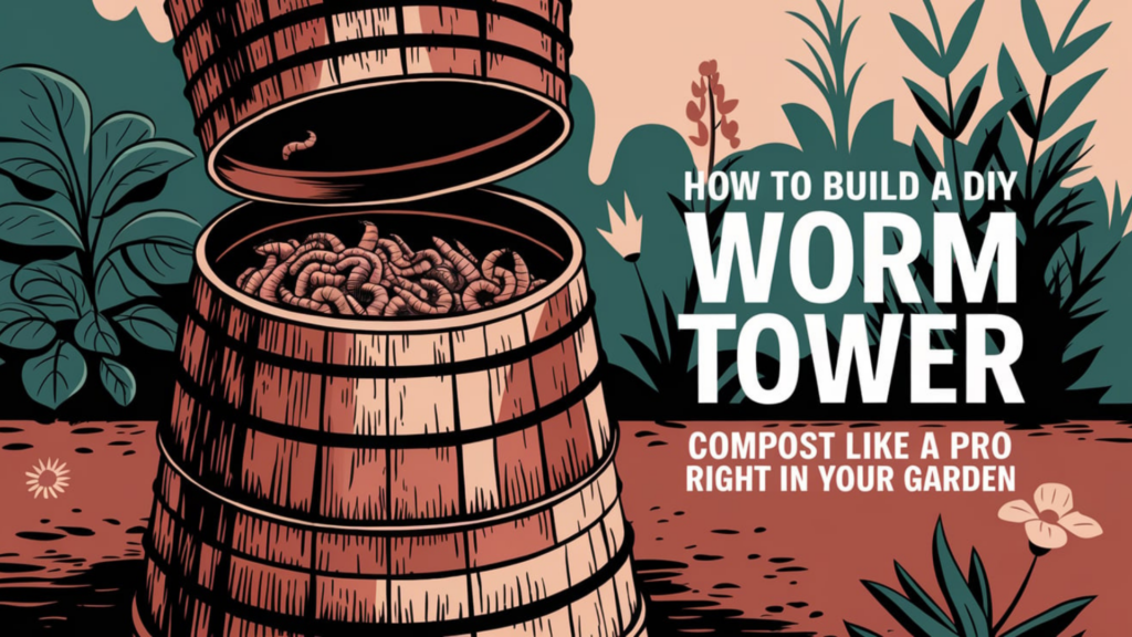 Animated picture of a barrel being used as a worm tower in a garden with compost worms.