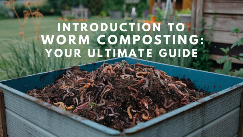 Outdoor worm bin full of compost worms with the words introduction to worm composting your ultimate guide.