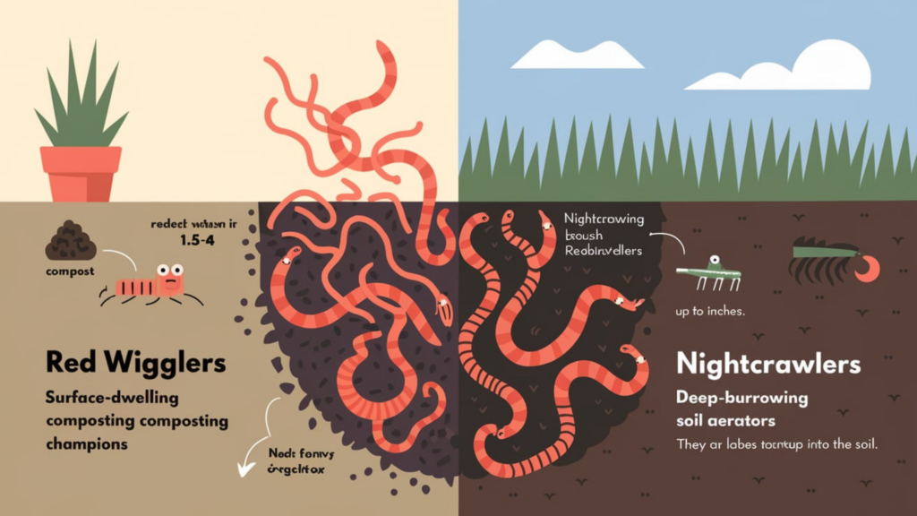 Side-by-side comparison illustration of red wigglers and nightcrawlers. Red wigglers are shown in compost with labels highlighting their surface-dwelling nature and smaller size (1.5–4 inches). Nightcrawlers are depicted burrowing deep into soil, emphasizing their larger size and role as soil aerators.