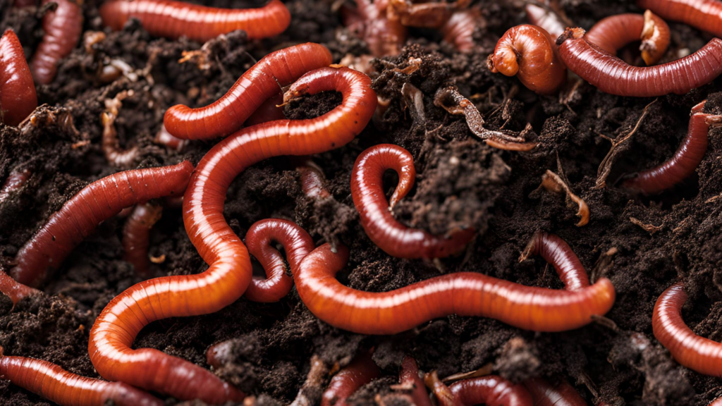 Close-up of red wigglers in rich, dark compost, highlighting their reddish-brown segmented bodies as they move through the organic material.