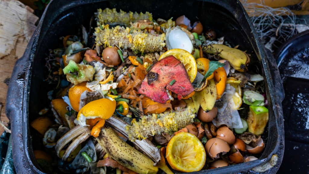 A close-up of a worm bin overflowing with a mix of food scraps, including banana peels, orange rinds, eggshells, and vegetable waste. The image highlights the common causes of bad odors in worm bins, such as overfeeding and improper balance of materials, making it a visual cue for troubleshooting and maintaining a healthy composting system.