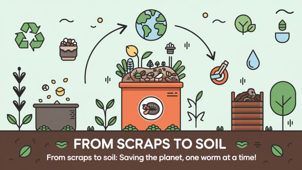 Illustration of a worm composting bin at the center surrounded by green plants, a recycling symbol, water droplets, and a globe. The image depicts the cycle of food scraps turning into compost, enriching soil, and benefiting the environment, with the tagline 'From scraps to soil: Saving the planet, one worm at a time!