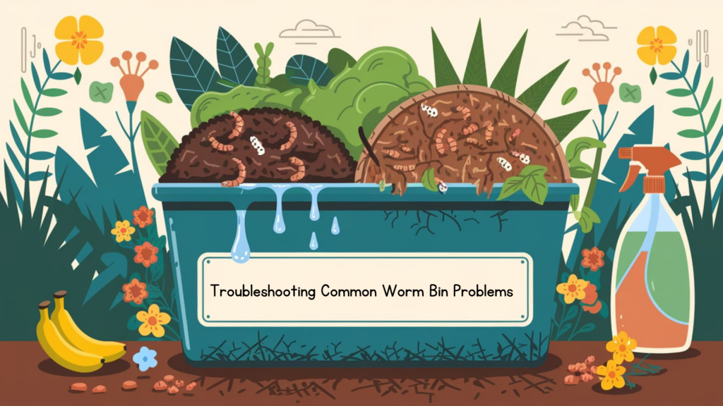 An illustrated worm bin divided into two sections showing common problems like "too wet" with water dripping and "too dry" with cracks in the soil. The background features a lush garden with plants, flowers, and tools like a spray bottle for moisture control. A banner on the bin reads "Troubleshooting Common Worm Bin Problems," emphasizing practical solutions for maintaining a healthy worm bin.