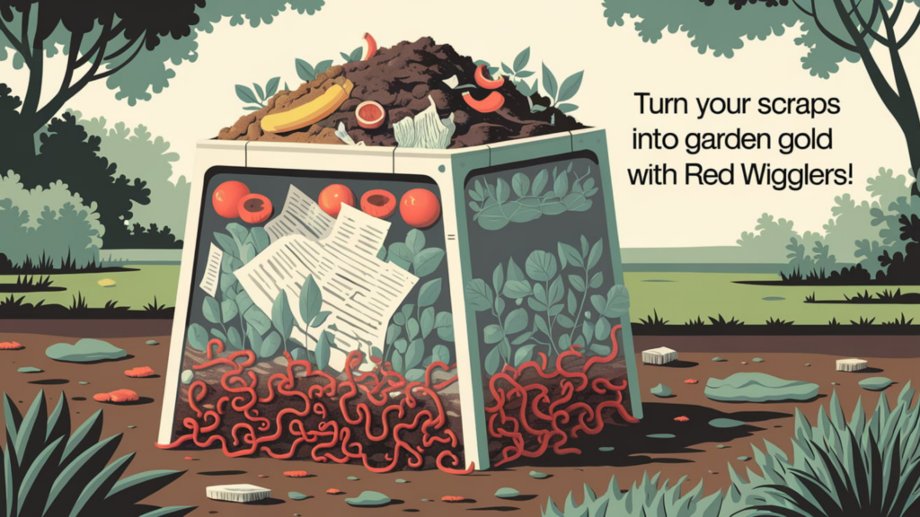 Illustration of a compost bin filled with red wigglers, organic scraps, and shredded paper, surrounded by a lush outdoor garden. Text reads: 'Turn your scraps into garden gold with Red Wigglers!