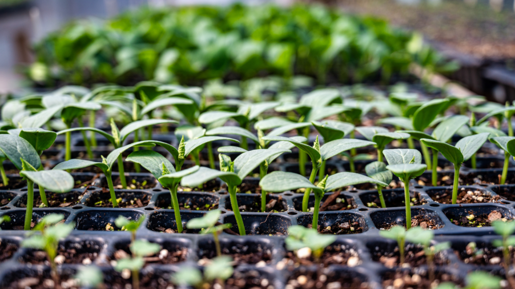 A close-up view of healthy green seedlings growing in trays with rich soil, demonstrating the benefits of mixing worm castings into seed starting mix for strong, vibrant plant growth.