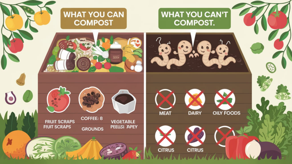 A split illustration of a worm bin labeled "What You Can Compost" and "What You Can't Compost." The "Can Compost" side features colorful fruit scraps, vegetable peels, coffee grounds, and eggshells, while the "Can't Compost" side shows items like meat, dairy, oily foods, and citrus with red "X" marks. Happy worms are thriving in the "Can Compost" section, while puzzled worms appear in the "Can't Compost" section. Surrounded by greenery and fresh produce, the image highlights proper worm bin feeding practices for effective composting.