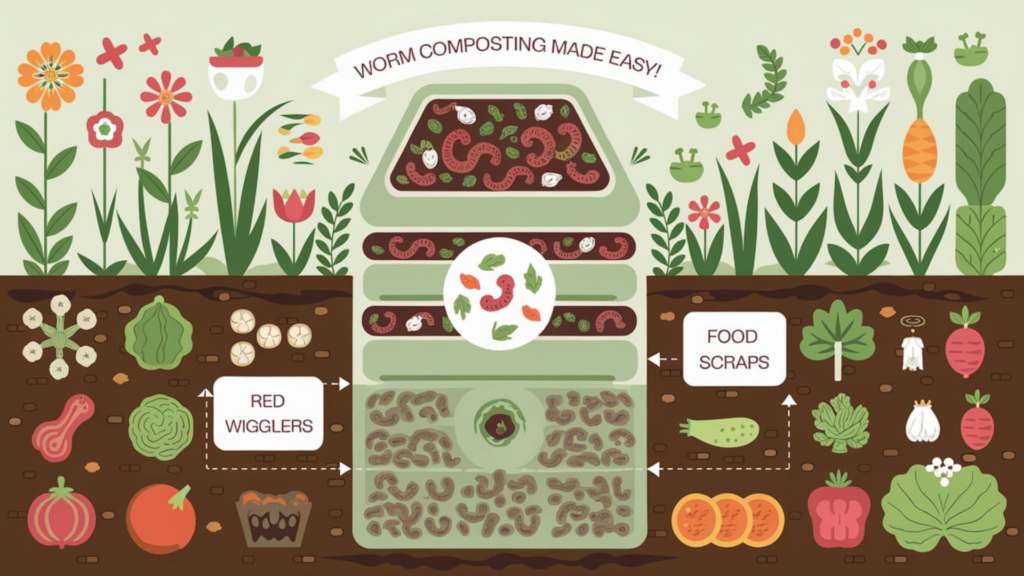 An illustrated diagram showcasing a beginner-friendly worm composting setup. The image features a multi-layer worm bin labeled with “Red Wigglers” and “Food Scraps,” surrounded by colorful vegetables, fruits, and vibrant garden plants. A banner at the top reads "Worm Composting Made Easy!" The soil beneath the plants is rich with compost and organic material, visually connecting the worm bin to thriving plant growth. Perfect for demonstrating the benefits and process of worm composting.