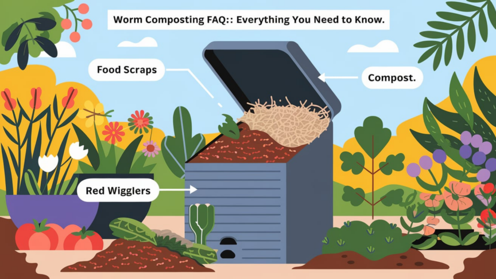 An illustrated guide showcasing a worm composting bin in a vibrant garden setting. The bin is labeled with components such as "Red Wigglers," "Food Scraps," and "Compost," emphasizing the process of worm composting. Surrounding the bin are colorful flowers, vegetables, and greenery, highlighting the environmental and gardening benefits of vermicomposting. A banner at the top reads "Worm Composting FAQ: Everything You Need to Know.