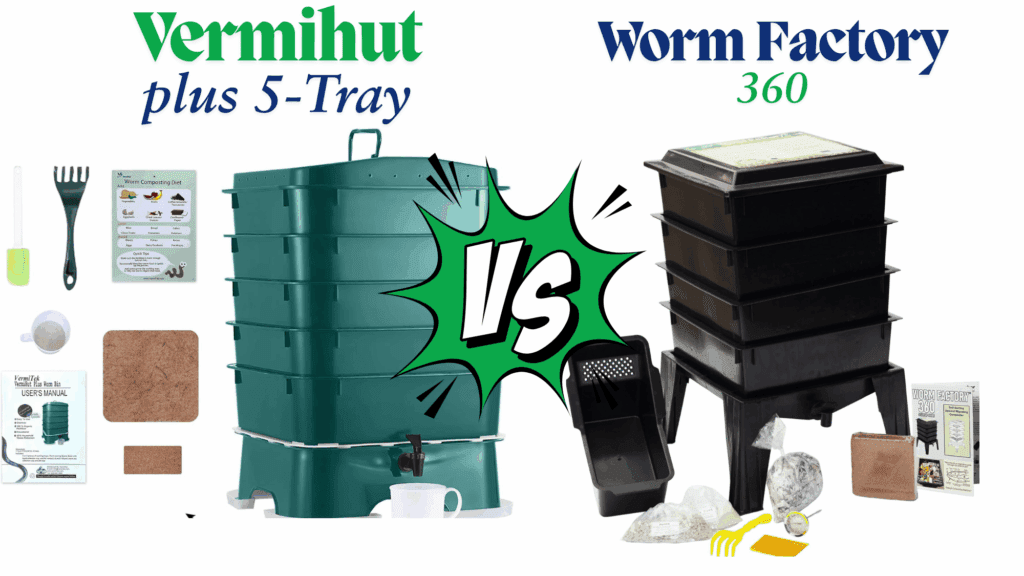 Side-by-side comparison of the Vermihut Plus 5-Tray worm composting bin in green with included accessories, versus the Worm Factory 360 in black with its starter kit, showing features of both worm bins for vermicomposting.
