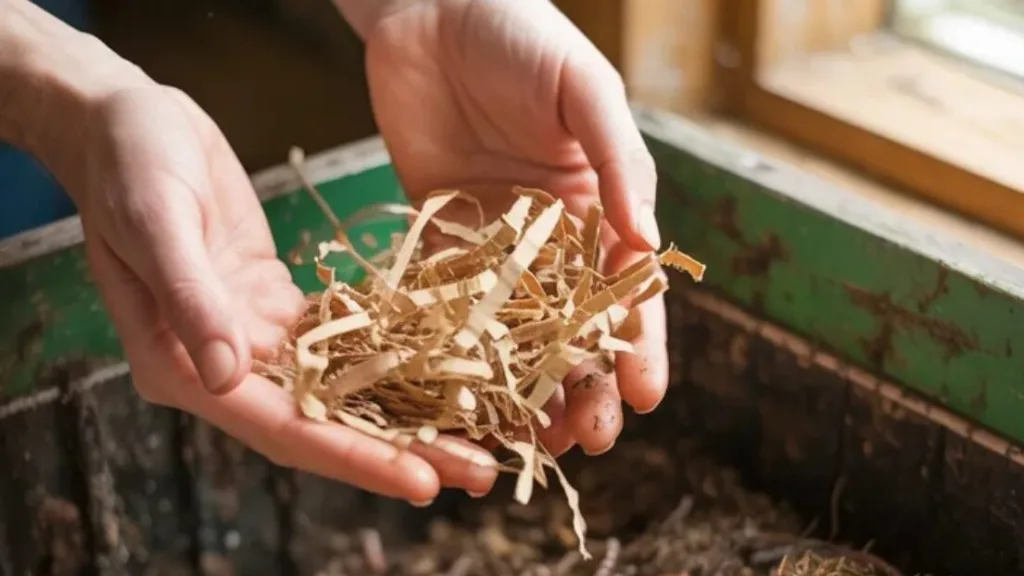 Shredded cardboard in hands being poured onto a worm bin.