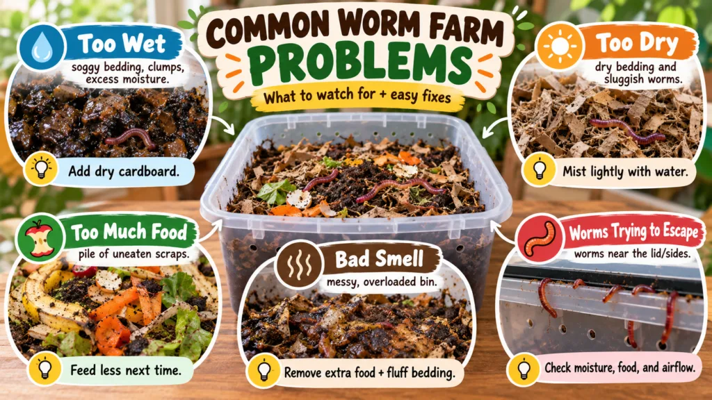 Common worm farm problems and easy fixes, including bedding that's too wet or dry, overfeeding, unpleasant odors, and escaping red wiggler worms, with illustrated troubleshooting tips for beginners.
