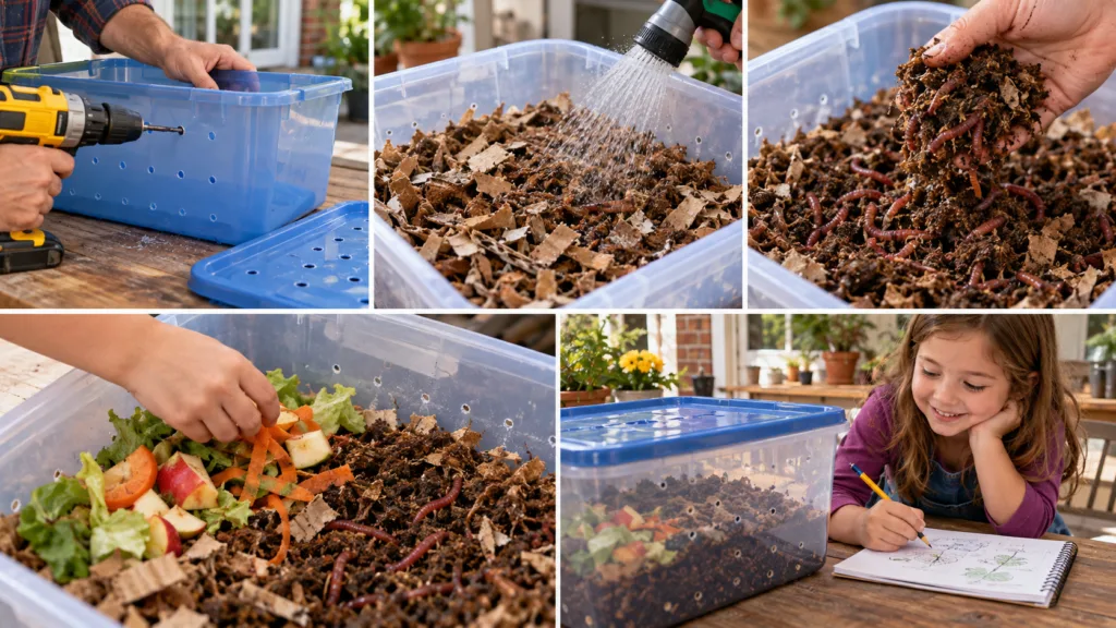 Step-by-step collage showing how to make a worm farm for kids, including drilling ventilation holes in a plastic tote, moistening cardboard bedding, adding red wiggler worms, feeding vegetable scraps, and recording observations in a science journal.