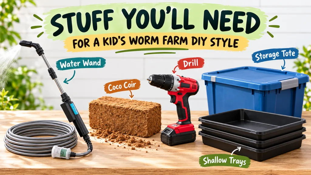 DIY worm farm supplies for kids, including a plastic storage tote with lid, cordless drill, coco coir bedding, shallow trays, and a water wand for keeping worm bedding moist.