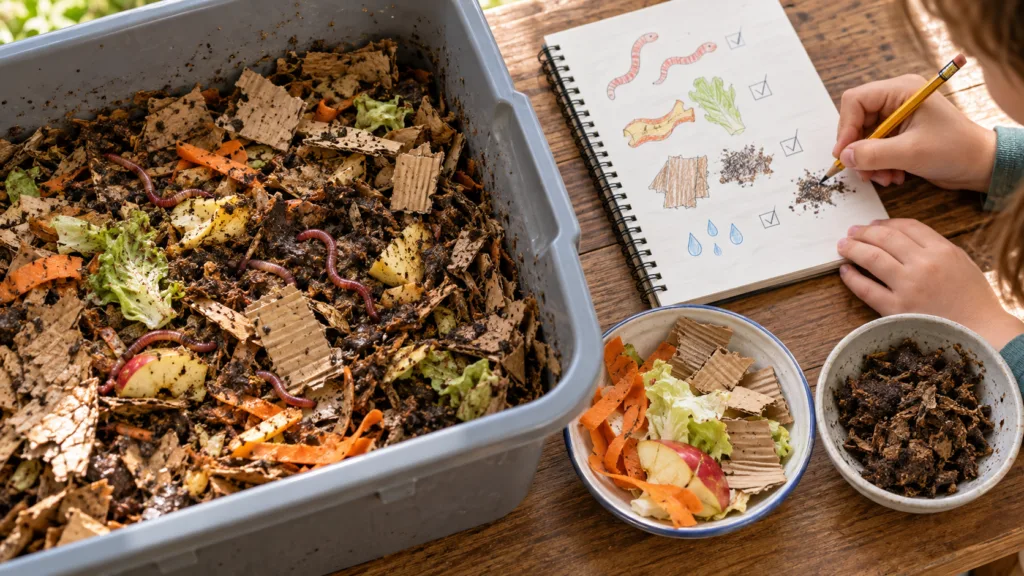 Child recording seven-day worm farm observations beside a DIY compost bin containing red wigglers, damp cardboard bedding, and partially decomposed food scraps, showing early changes before finished worm castings develop.