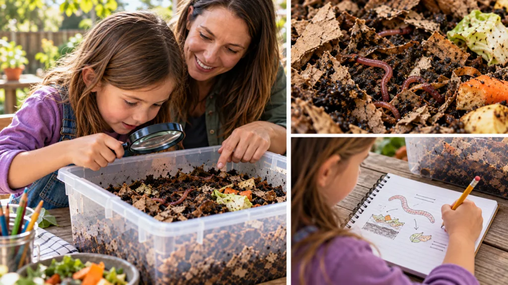 Child exploring a DIY worm farm with a magnifying glass while an adult helps, featuring red wiggler composting worms in cardboard bedding and a science journal documenting observations.