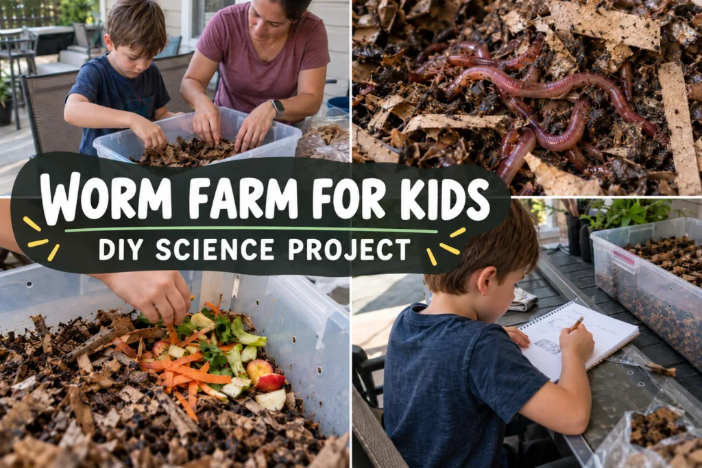 Collage showing a child and adult building a DIY worm farm for kids, red wiggler composting worms in cardboard bedding, food scraps being added, and a child recording observations for a science project.